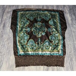 HeartSoul Brown Teal Paisley Smocked Waist Sleeveless Handkerchief Blouse Top XL